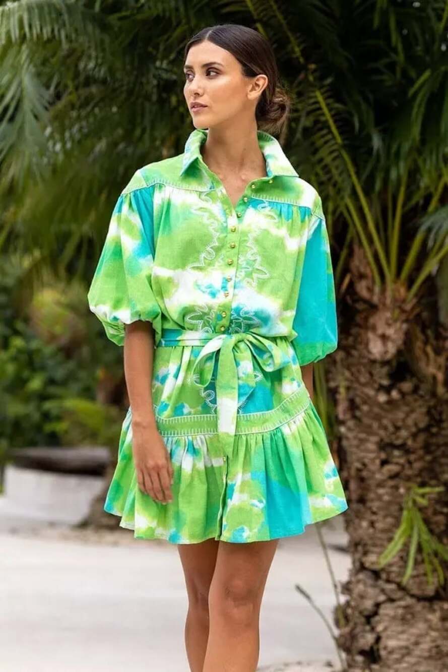 Miss June Paris Green & Blue Tie Dye Embroidered Boho Mini Dress O/S